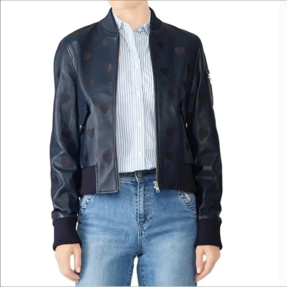 Samantha Sipos Embroidered Hearts Navy Leather Bomber Jacket Women’s Size Large